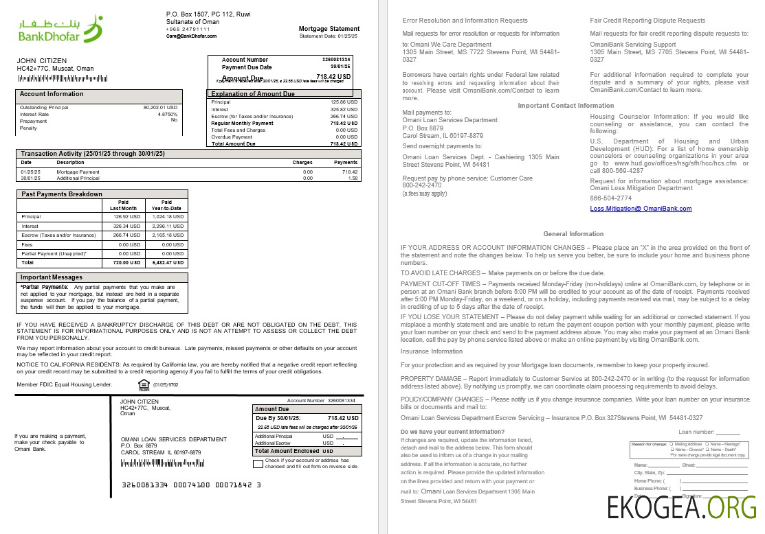 Relevé hypothécaire de la Banque Omanie Dhofar aux formats Word et PDF